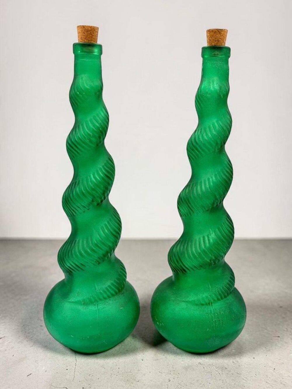 Vintage Italian Green Glass Spiral Twist Bottles Pair Cork Stoppers Decor 13"